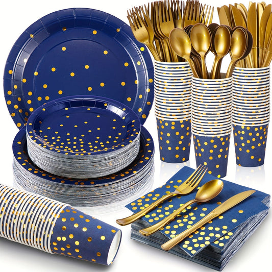 Navy blue plate cup set serves 25