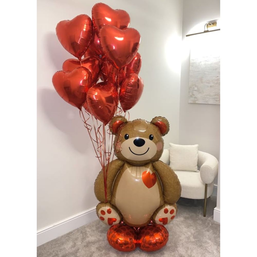 Teddy Bear with 10 Heart Balloons