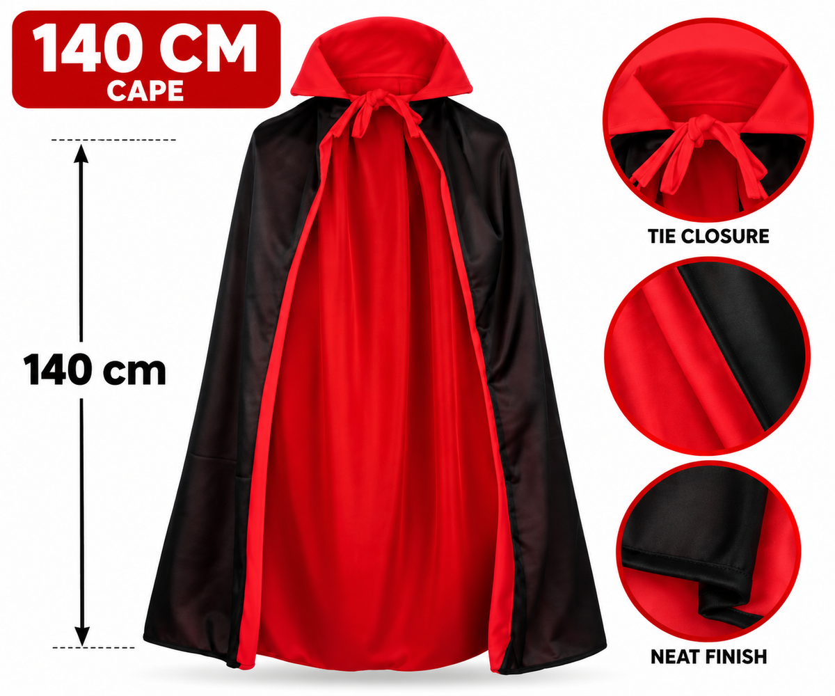 Kids Vampire Red & Black Double-Layer Cape, Reversible Grim Reaper Cloak 140cm