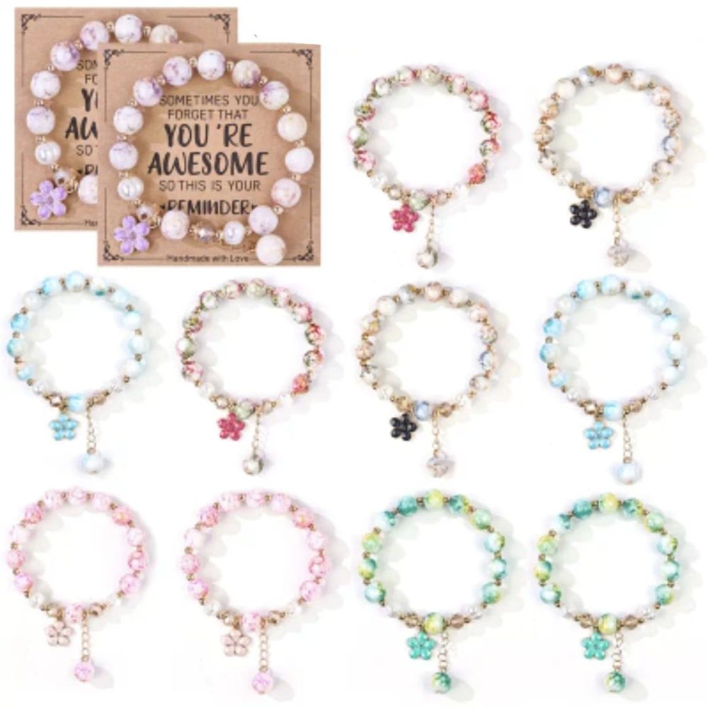 6 Pcs Cute Stretch Bracelet Set - 10mm Glass Beads With Colorful Floral Charms