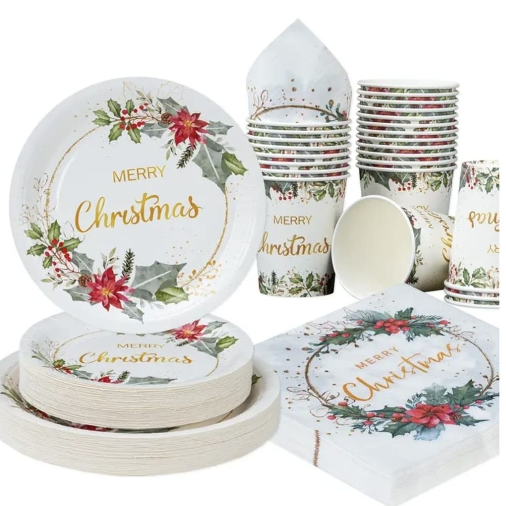 Merry Christmas Plate Cup Set Disposable  Serves 16