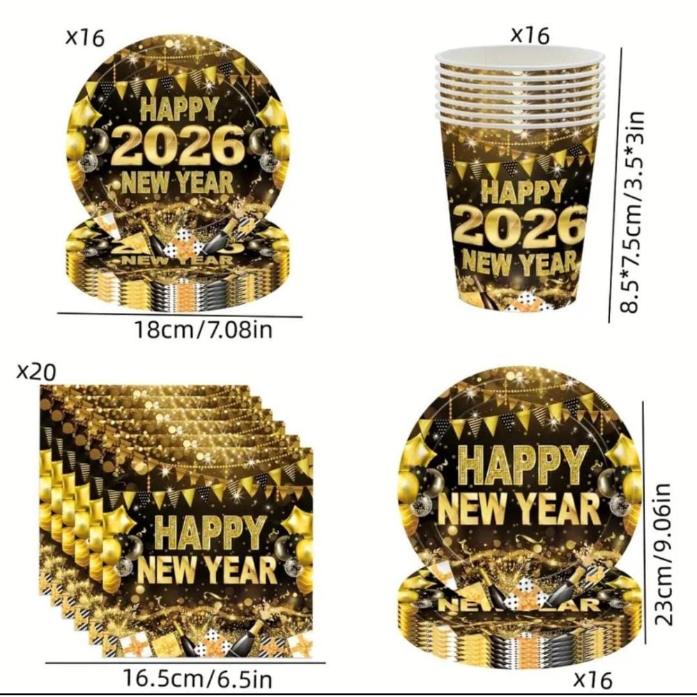 Golden Black New Year Plate Cup Tableware Disposable Serves 16