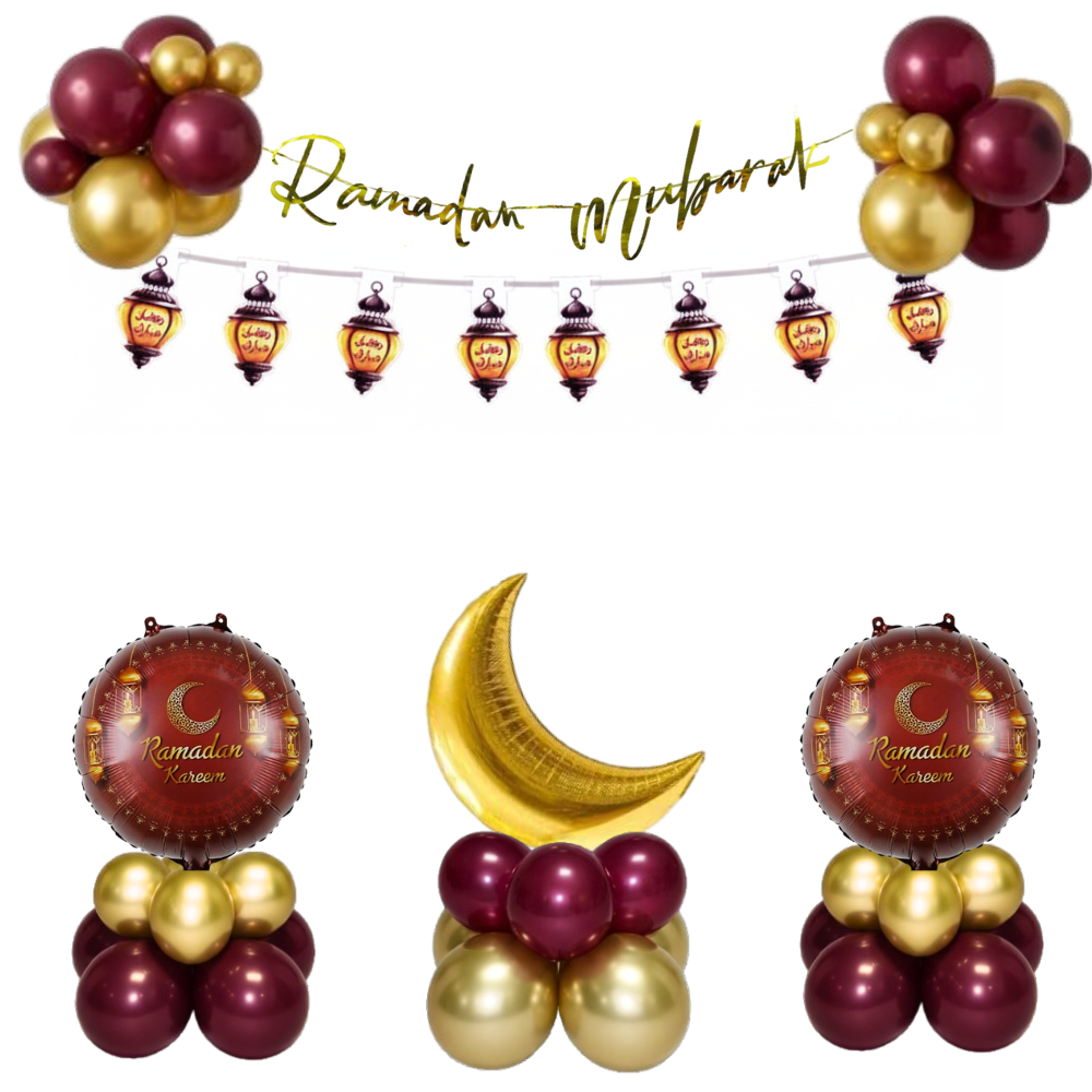 Ramadan balloon decoration air filled - ready to use burgundy gold with fanoos