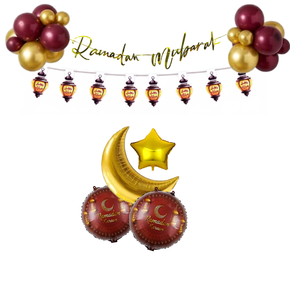 Ramadan Air-Filled Balloon Cluster with Banner for Wall and Helium Balloon Bunch