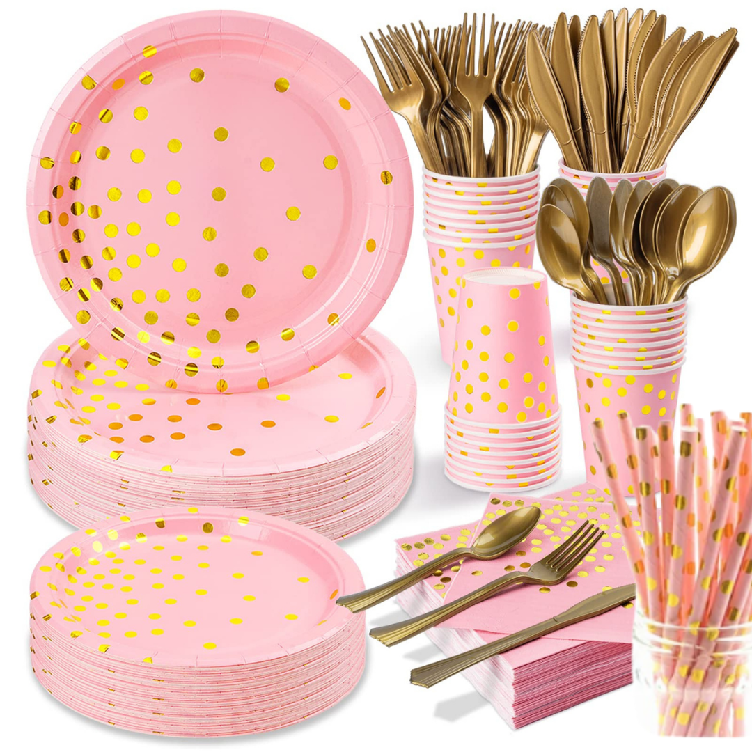 pink gold color plate and cutlery set