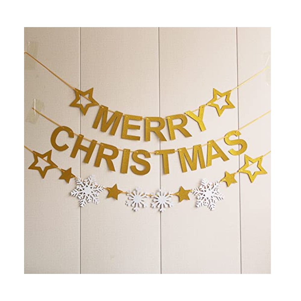Silver Gold Merry Christmas Banner and Silver Snowflake Star Banner
