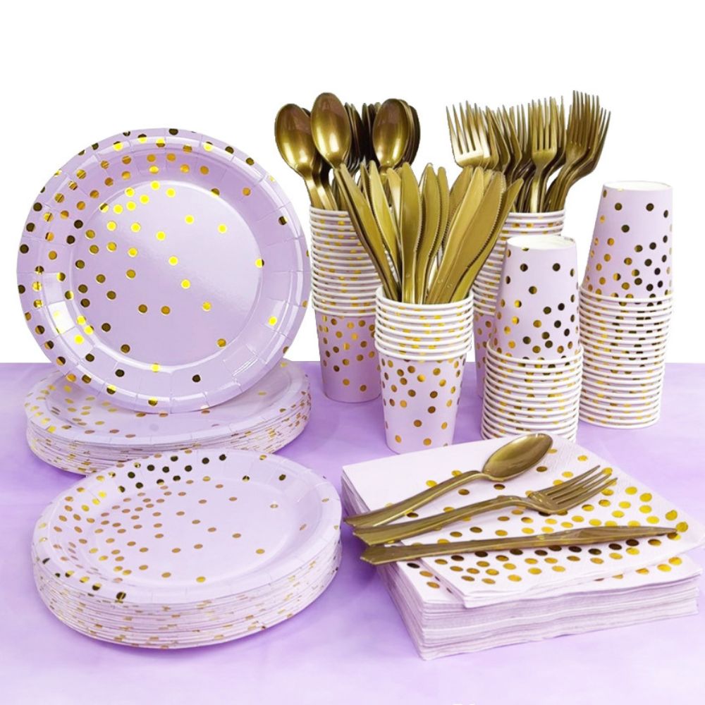 Purple Gold Party Set Plate Cup Tableware – Serves 10