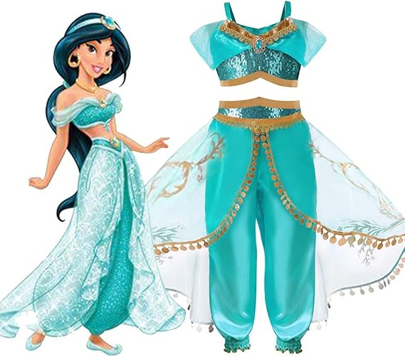 Princess Jasmine Costume, Green Turquoise 2 Pieces Costume With Crop Top And Pants For Imaginative Play