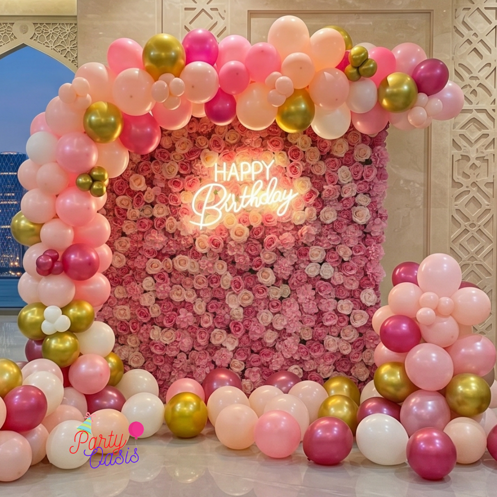 Premium Rose Wall & Organic Balloon Arch Rental – "Happy Birthday" Neon Glow Package