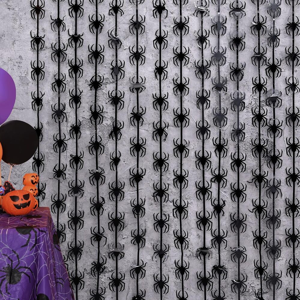 Black Spider Tinsel Foil Fringe Curtains, Photo Booth Prop Streamers Backdrop