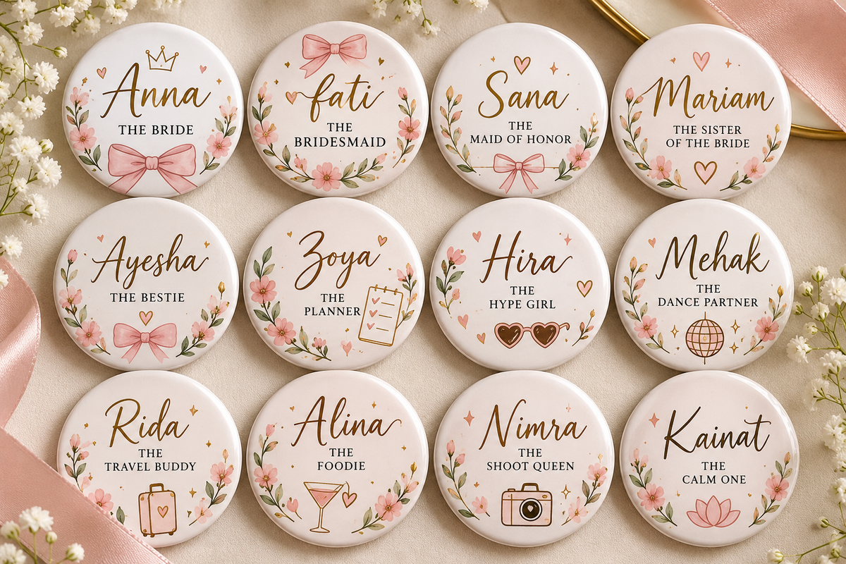Personalized Bridal Party Badges – 58mm | Custom Bride & Bridesmaid Pins