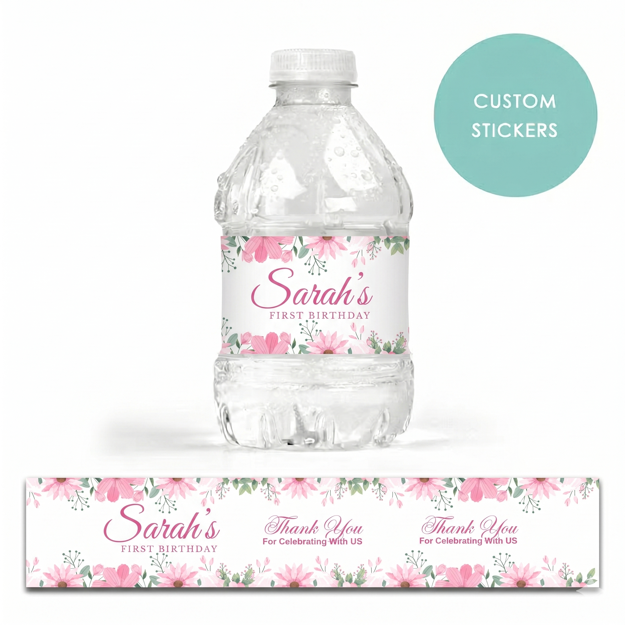 Personalized Custom Water Bottle Labels - 10pcs floral pink birthday