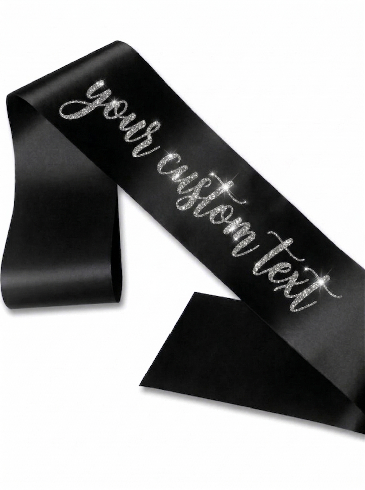 Custom Personalized black Satin Sash with Glitter silver Cursive Text