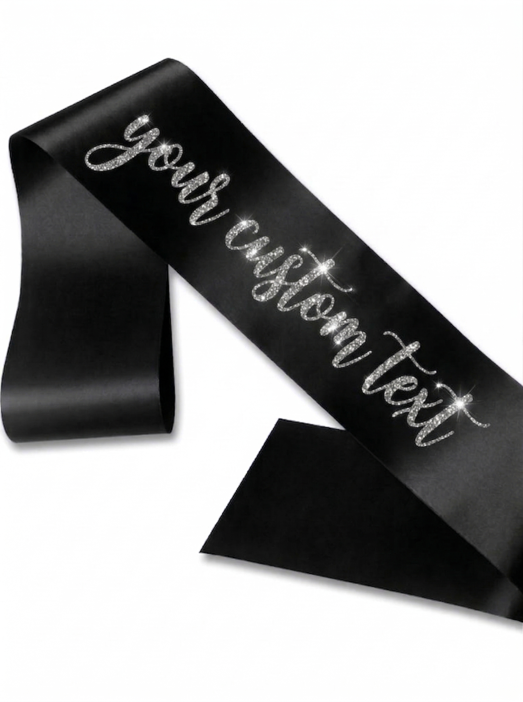 Custom Personalized black Satin Sash with Glitter silver Cursive Text