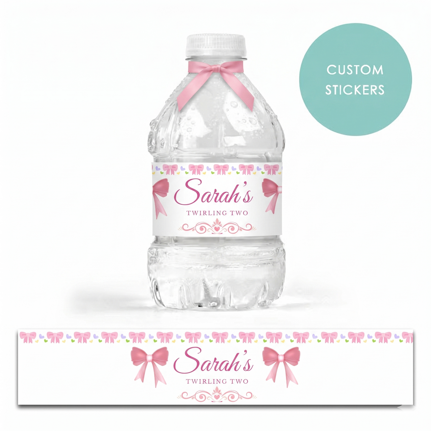 Personalized Custom Water Bottle Labels - 10pcs bow pink birthday