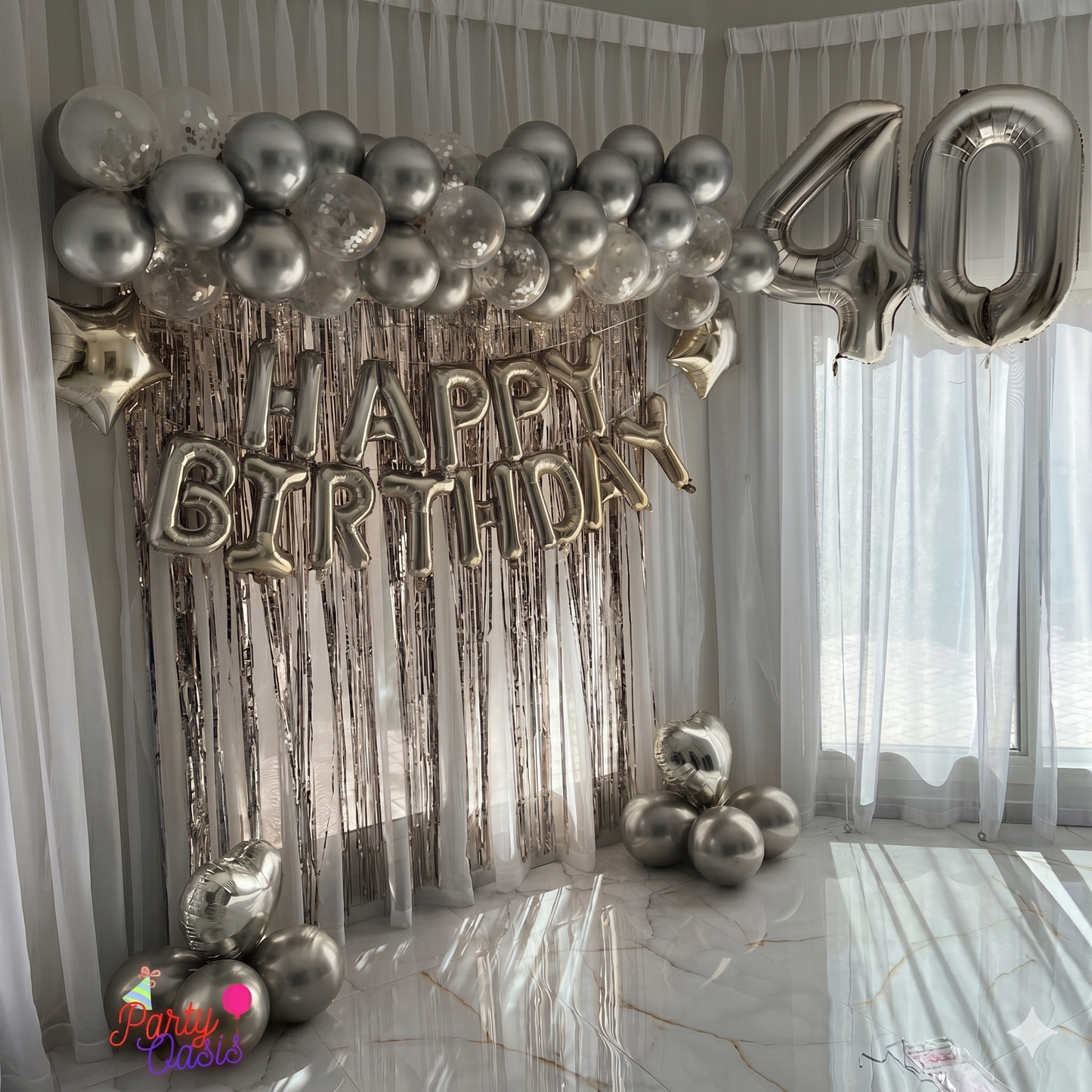 Milestone Celebration Set – Elegant Balloon Garland & Fringe Backdrop