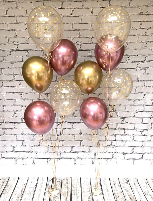 chrome gold, chrome rosegold and gold confetti balloons set