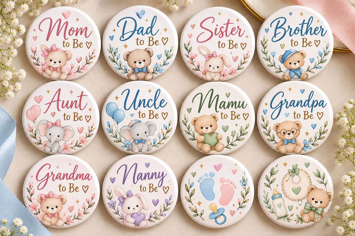 Personalized Baby shower Party Badges – 58mm | Custom mom to be  dad to be Pins
