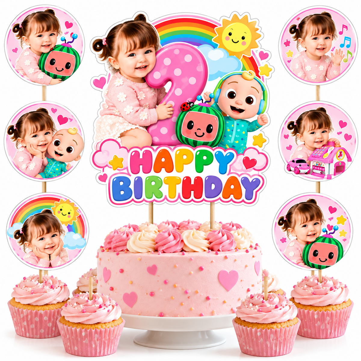 Personalized CoComelon Birthday Cake & Cupcake Topper Set – 7 Pieces