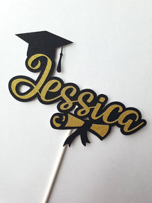 Personalized Graduation Cake Topper with Diploma & Cap | Custom Name Glitter Grad Decor | High School or College Graduation Party Supplies | Ships in 1 Day