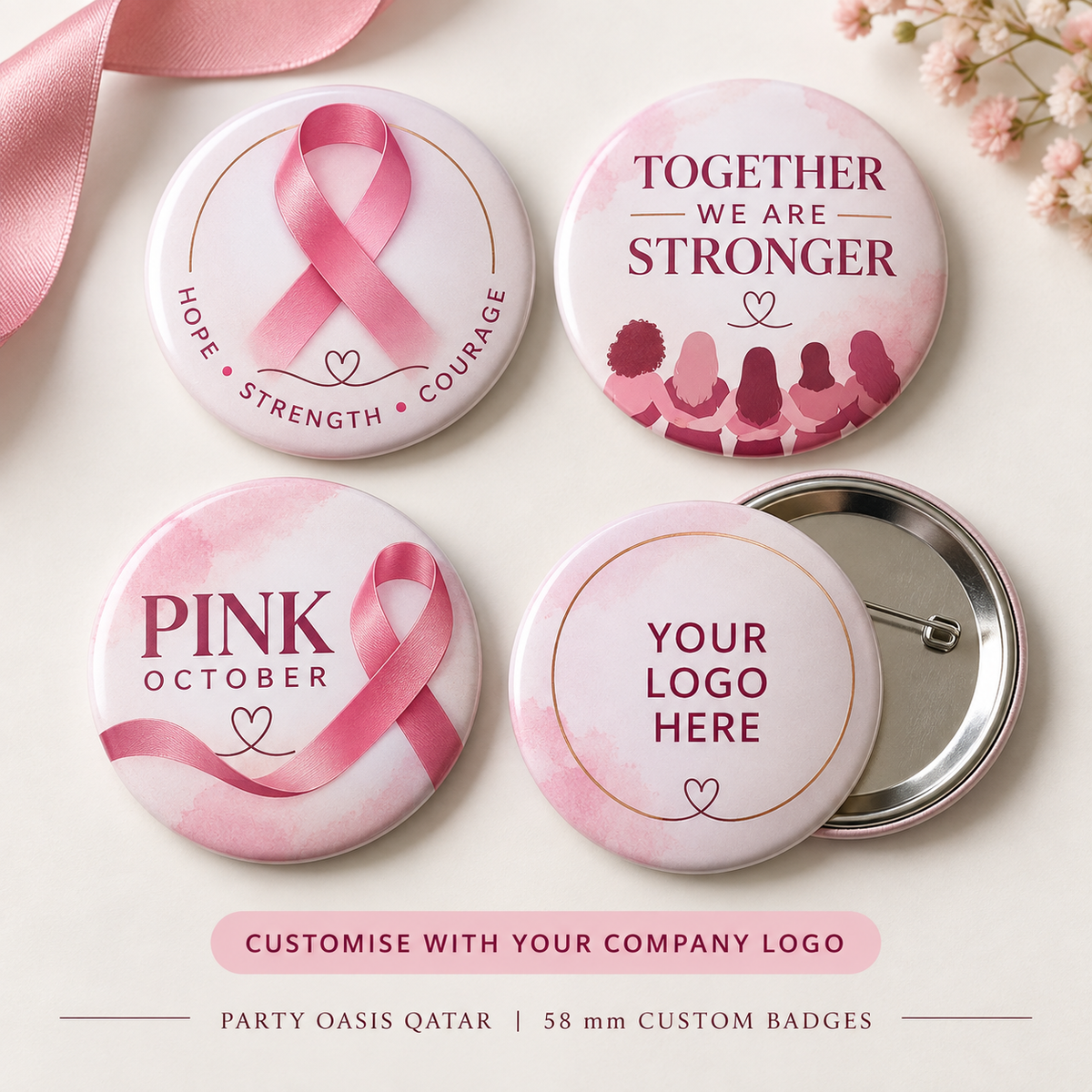 customized with logo - breast cancer awareness October pink month 58mm badges