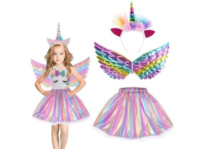 Unicorn Costume Princess Set Of 3 Rainbow Tutu Skirt, headband And Wings for Cosplay