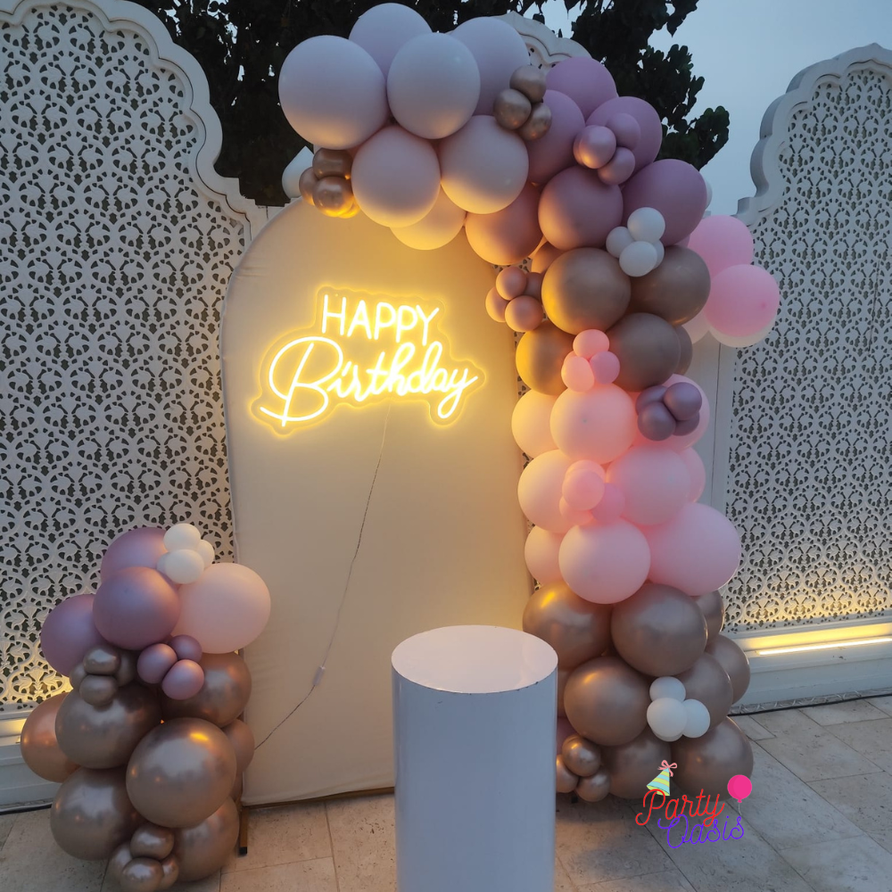 Birthday decoration with backdrop and neon lights