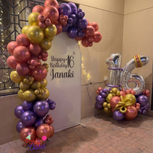 Custom Sweet 16 Balloon Backdrop & Matching Number Bouquet – Metallic Rose Gold & Purple