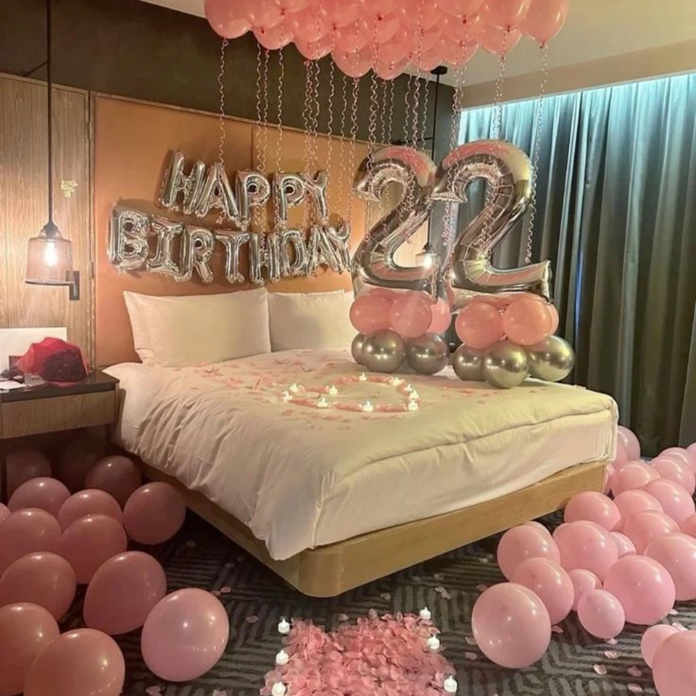 pink silver birthday room surprise kit