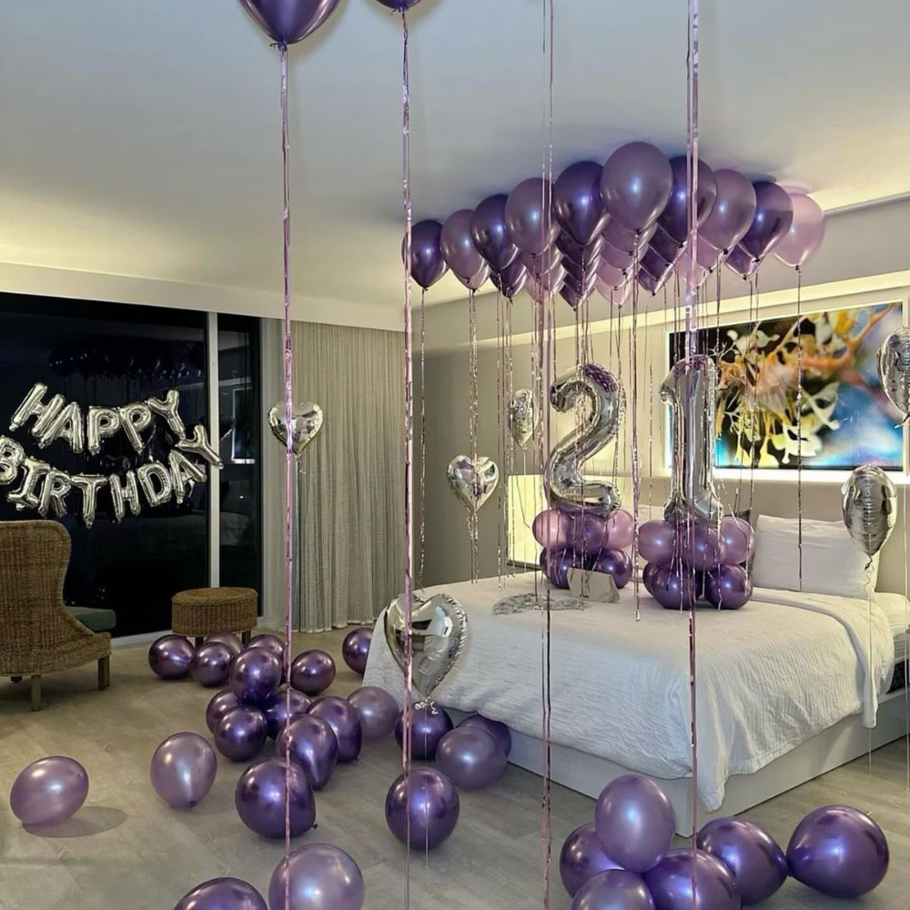 Purple silver room surprise decoration
