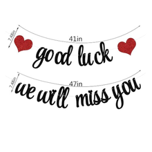 good luck we will miss you cursive banner