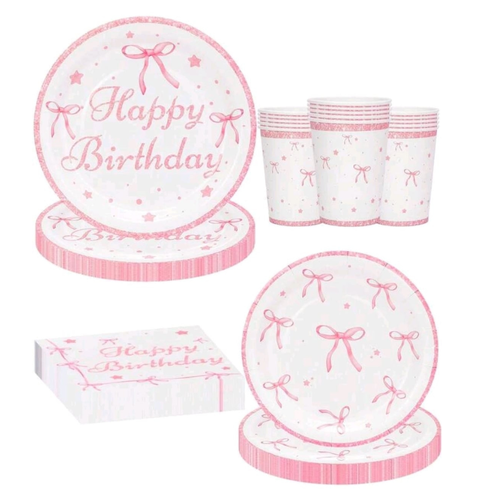 50pcs bow happy birthday plate cup tableware set  serves 10