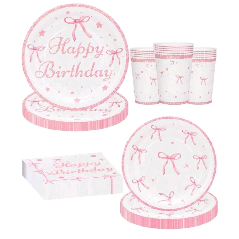 80pcs bow happy birthday plate cup tableware set  serves 20