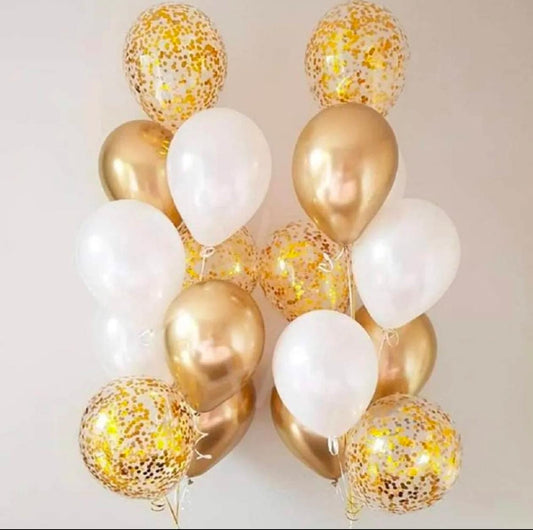 Chrome Gold, Gold Confetti, Pearl White - 10 pcs helium filled