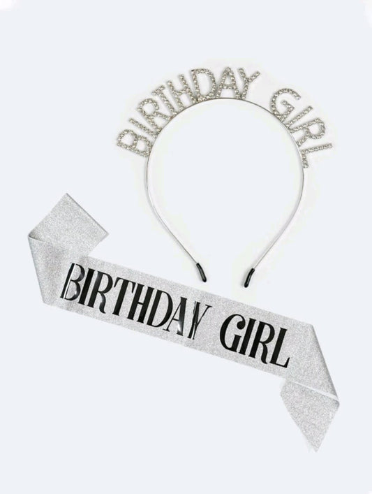 Birthday Girl Sash And Headband - Silver