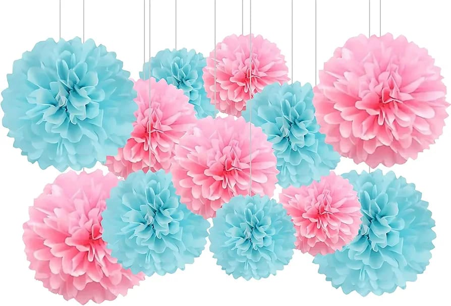 Pink and Blue Tissue Paper Pom-Poms - Party Hanging Decorations-12pcs