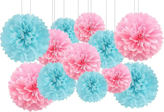 Pink and Blue Tissue Paper Pom-Poms - Party Hanging Decorations-12pcs