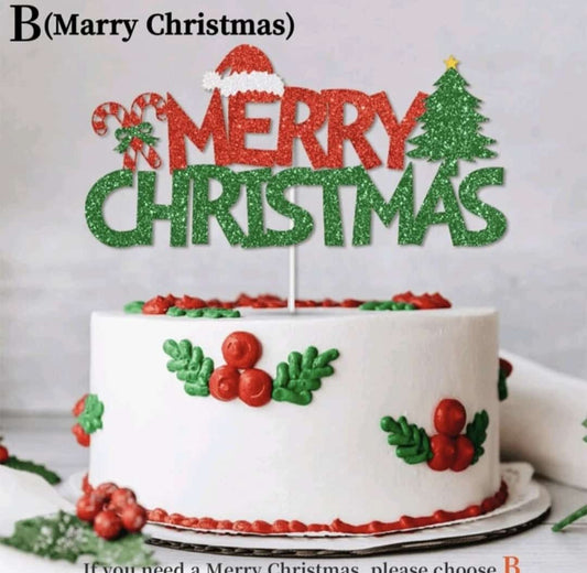 Merry christmas cake topper green red 1pc