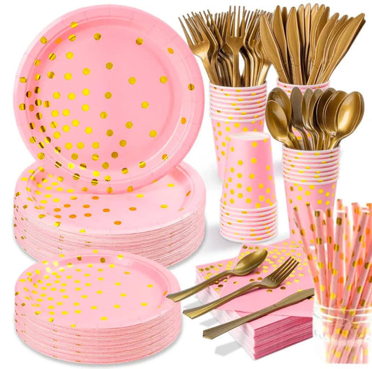 Light pink plates and cutlery sets