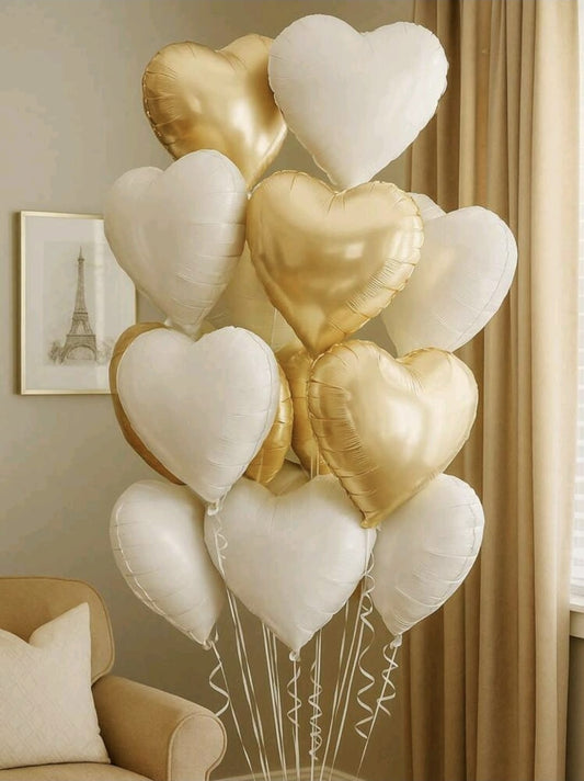 10 Heart Helium Filled Gold And White Bunch