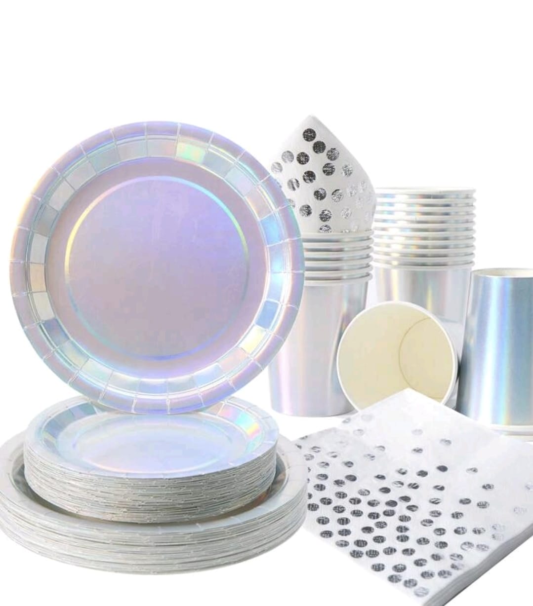 Holographic plate cup tissue tableware serves 25