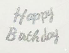 Happy birthday cursive silver glitter banner