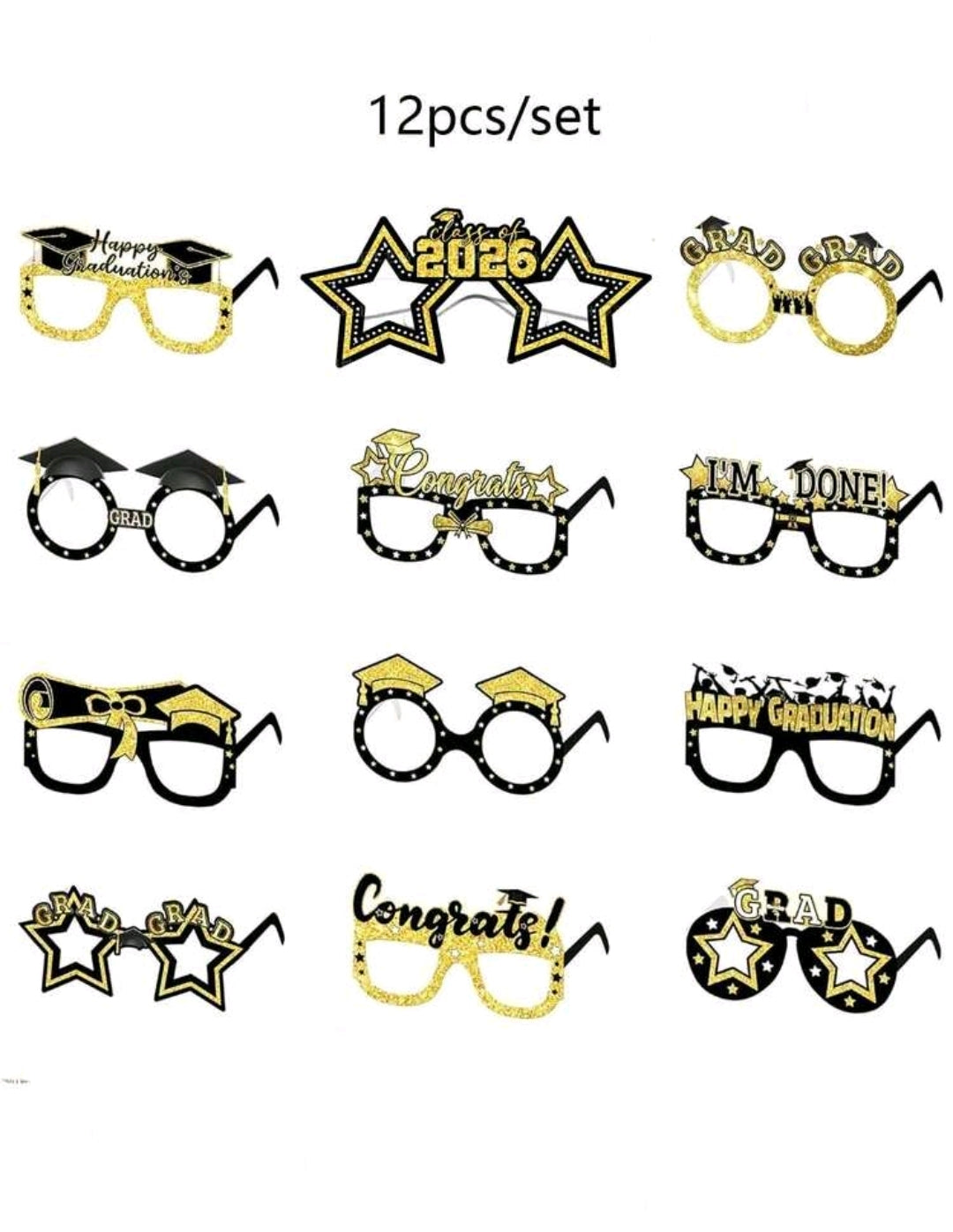 12pcs Graduation Party Paper Glasses Frame, Black & Gold Graduation Party Photo Booth Props, Class Of 2026 Party Decorations Supplies