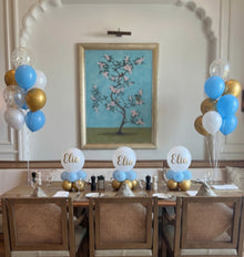 blue white gold personalized helium bunch with 3 table centerpieces and customization