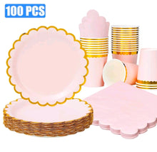 100pcs Light Pink Gold Foil Lace Petal Shaped Disposable Tableware Plates, Napkins And Cups Set, Suitable For 25 Guests