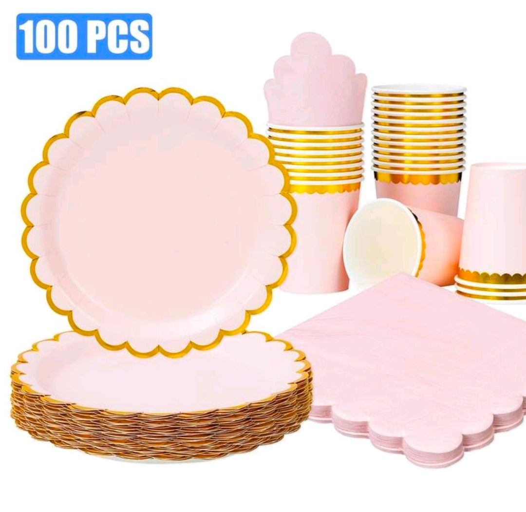 100pcs Light Pink Gold Foil Lace Petal Shaped Disposable Tableware Plates, Napkins And Cups Set, Suitable For 25 Guests