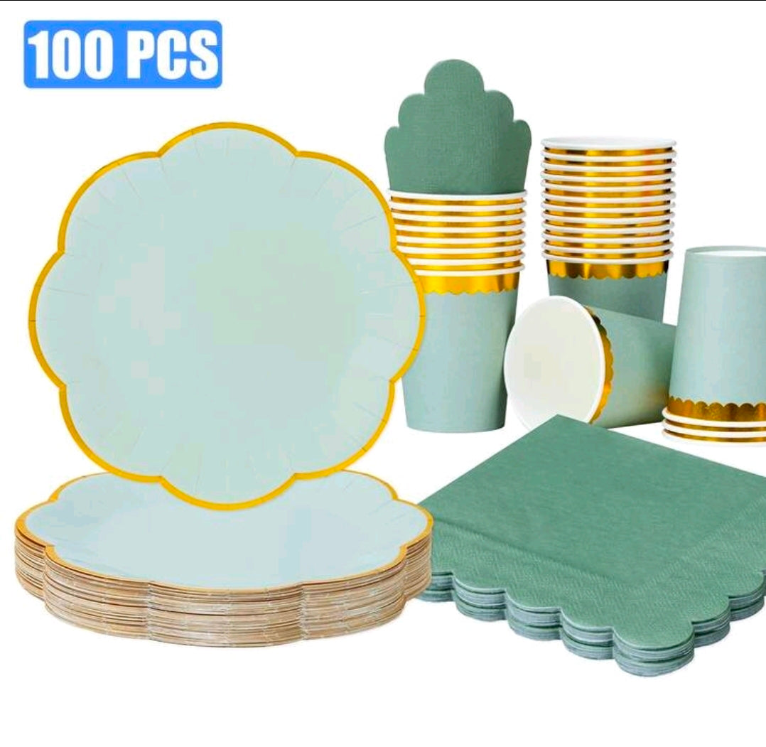 100pcs Sage Green Gold Foil Lace Petal Shaped Disposable Plate Napkin Cup Set, tableware for 25 guests.