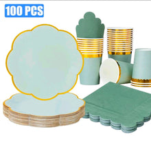 100pcs Sage Green Gold Foil Lace Petal Shaped Disposable Plate Napkin Cup Set, tableware for 25 guests.