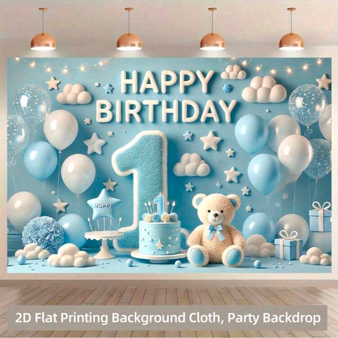 First birthday backdrop teddy poster light blue  210x300cm
