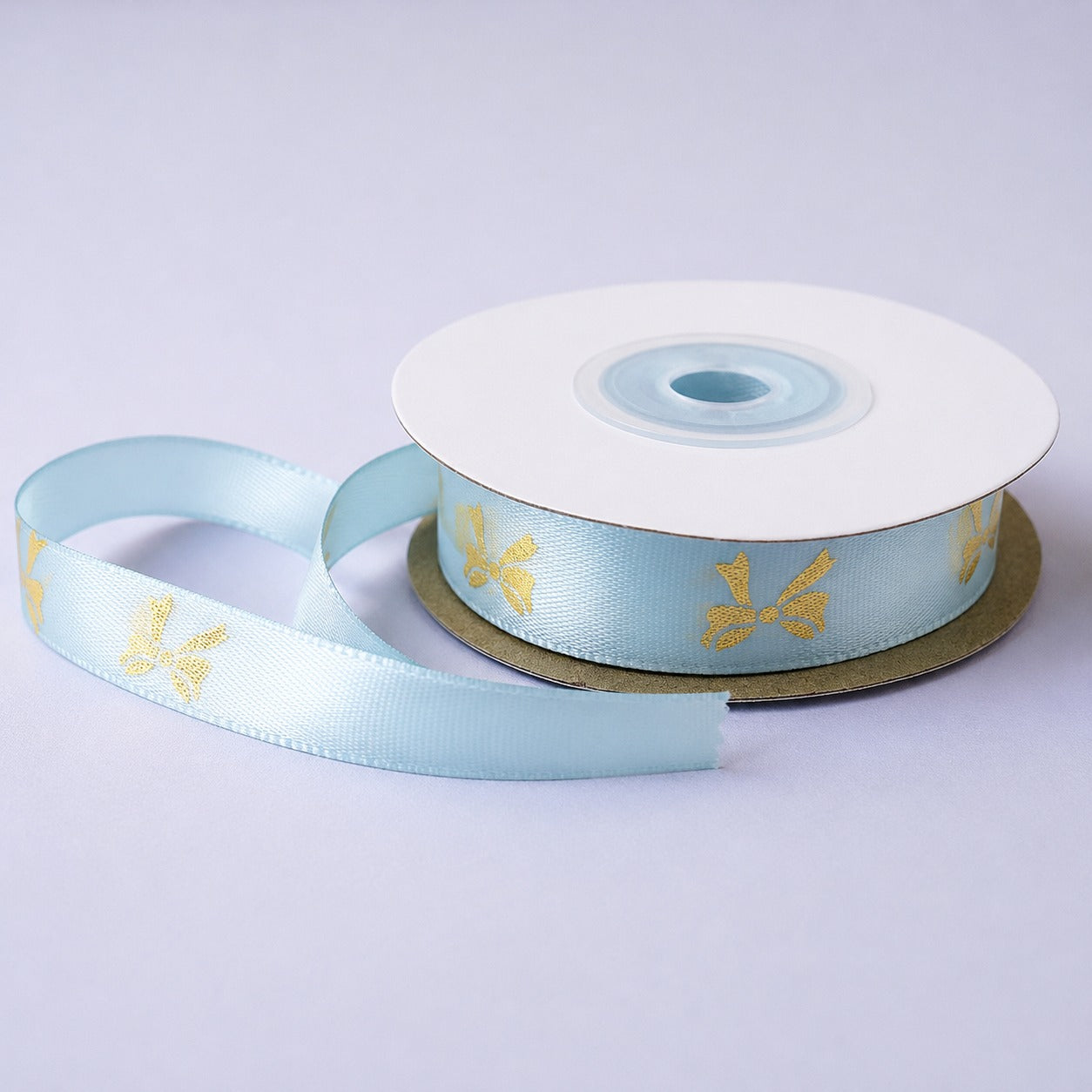 Bow printed blue satin ribbon 1 roll